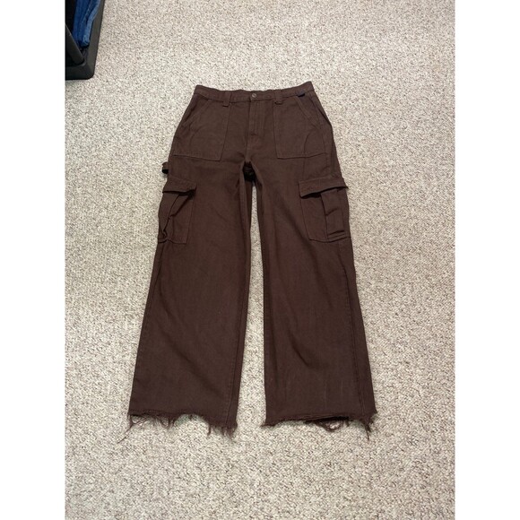 13 Cello High Rise Cargo Utility Baggy Wide Leg Raw Hem Jeans Brown - Picture 1 of 11
